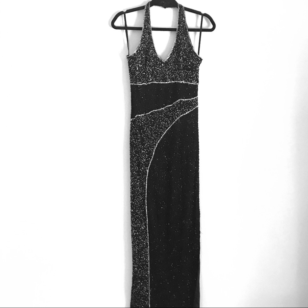 silk beaded black tie floor length gown